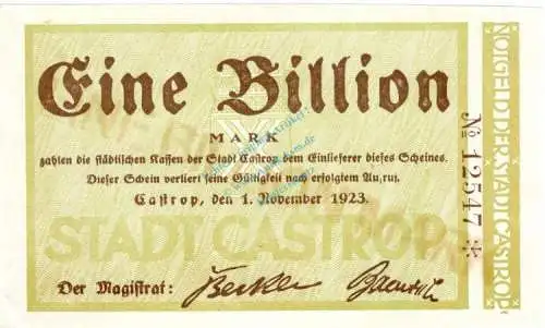 Castrop , Banknote 1 Billion Mark Schein in unc-kfr Keller 732.e , Westfalen 1923 Inflation