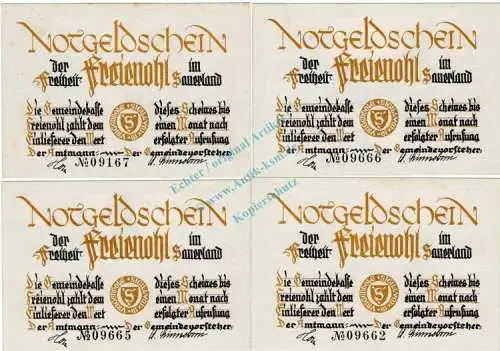 Freienohl , Notgeld grün -4 x Vs.FEHLDRUCK- in unc-kfr. M-G 384.2 , Westfalen o.D. Seriennotgeld