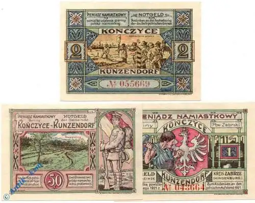 Notgeld Kunzendorf , Set mit 3 Scheinen , Mehl Grabowski 750.1 a und b , von 1922 , Oberschlesien Serien Notgeld