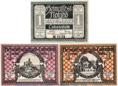 Notgeld Stadt Lobenstein 809.3.a , Set mit 3 Scheinen in kfr. von 1921 , Thüringen Seriennotgeld