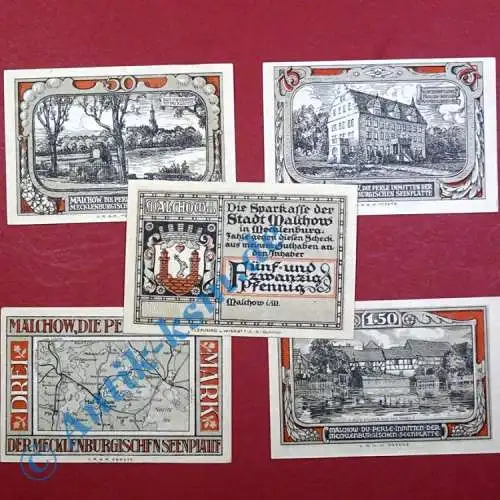 Notgeld Stadt Malchow , Mecklenburg Vorpommern , Kleinschecks , vollständiger Satz mit 5 Scheinen in kassenfrischer Erhaltung , Seriennotgeld , 863.3 , von 1922