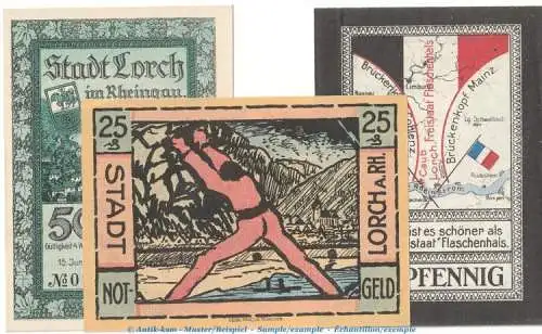 Notgeld Stadt Lorch 815.3 , Set mit 3 Scheinen in kfr. von 1921 , Hessen Seriennotgeld