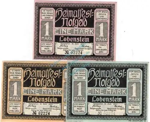 Lobenstein , Notgeld Set -3 x Nummerngleich- unc-kfr. M-G 809.3 , Thüringen 1921 Seriennotgeld