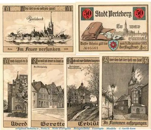 Notgeld Stadt Perleberg 1056.1 , Set mit 6 Scheinen in kfr. o.D. , Brandenburg Seriennotgeld