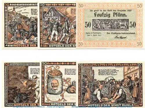 Notgeld Städte Ruhla 1153.1 , Set mit 6 Scheinen Theob. in kfr. von 1921 , Thüringen Seriennotgeld