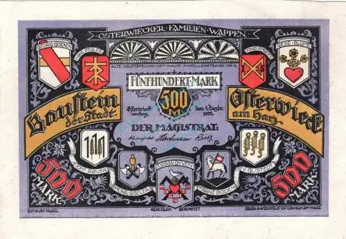 Osterwieck , Notgeld 500 Mark Leder Schein in kfr. M-G 1037.10.b , Sachsen Anhalt 1922 Seriennotgeld