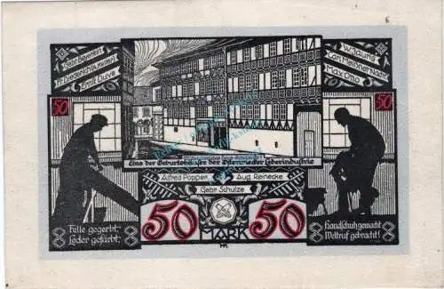 Osterwieck , Notgeld 50 Mark -Leder- in unc-kfr. M-G 1037.6.c , Sachsen Anhalt 1922 Seriennotgeld