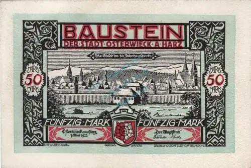 Osterwieck , Notgeld 50 Mark -Leder- in unc-kfr. M-G 1037.6.d , Sachsen Anhalt 1922 Seriennotgeld