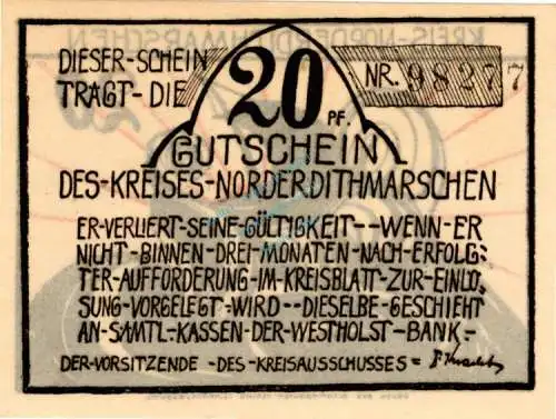 Norderdithmarschen , Notgeld 20 Pfennig -OHNE Zudruck- unc-kfr. M-G 983.1 , Schleswig Holstein o.D. Seriennotgeld