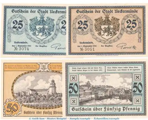 Notgeld Stadt Ueckermünde 1350.1 , Set mit 4 Scheinen in kfr. von 1921 , Mecklenburg Vorpommern Seriennotgeld