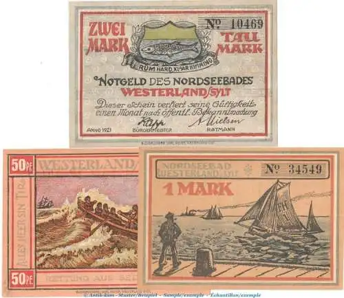 Notgeld Stadt Westerland 1418.2 , Set mit 3 Scheinen in kfr. von 1921 , Schleswig Holstein Seriennotgeld