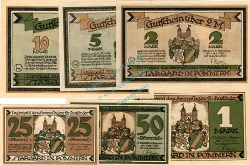 Stargard , Notgeld Set mit 6 Scheinen unc-kfr. M-G 1255.1.b , Pommern 1921 Seriennotgeld