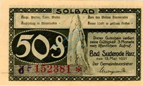 Suderode , Notgeld 50 Pfennig -Überstempelt- unc-kfr. M-G 1292.1.c , Sachsen Anhalt 1921 Seriennotgeld