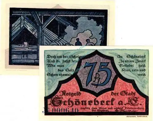 Schönebeck , Notgeld Set mit 2 Scheinen unc-kfr. M-G 1196.2 , Sachsen Anhalt o.D. Seriennotgeld