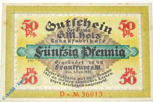 Notgeld Frankfurt , G. M. Holz , 50 Pfennig Schein D , Wolfseck , Mehl Grabowski 374.1 , von 1921 , Hessen Serien Notgeld