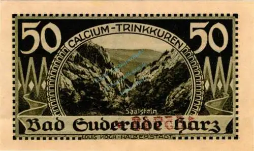 Suderode , Notgeld 50 Pfennig -Fehlbuchstabe a- unc-kfr. M-G 1292.1.b.1 , Sachsen Anhalt 1921 Seriennotgeld