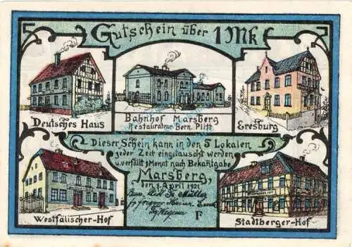 Marsberg , Notgeld 1 Mark Schein -F- unc-kfr. M-G 874.1 , Westfalen 1921 Seriennotgeld