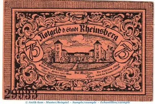 Notgeld Stadt Rheinsberg 1120.2.b , 75 Pfennig Schein -Fehldruck- in kfr. o.D. Brandenburg Seriennotgeld