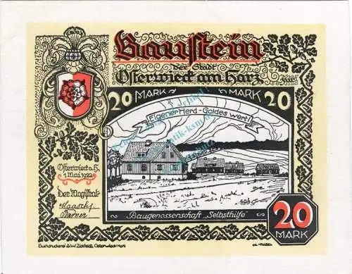 Osterwieck , Notgeld 20 Mark Leder Schein in kfr. M-G 1037.6.a , Sachsen Anhalt 1922 Seriennotgeld