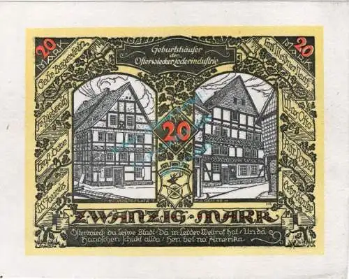 Osterwieck , Notgeld 20 Mark Leder Schein in kfr. M-G 1037.6.a , Sachsen Anhalt 1922 Seriennotgeld