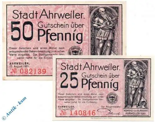 Notgeld Ahrweiler , Set mit 2 Scheinen , es wachse , Mehl Grabowski 7.4 , von 1921 , Rheinland Serien Notgeld