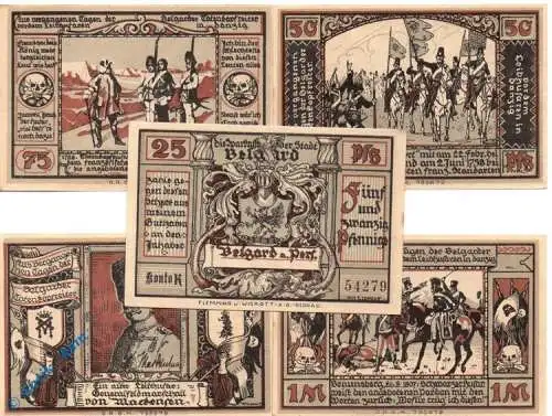 Notgeld Belgard , Schlachtenbilder , Set mit 5 Scheinen , Mehl Grabowski 69.2 , von 1921 , Pommern Seriennotgeld