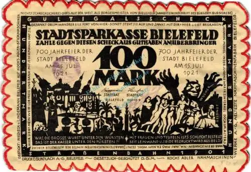 Bielefeld , Notgeld 100 Mark Stpl. -Seide- unc-kfr. Grab. 34.c , Westfalen 1921 Seriennotgeld