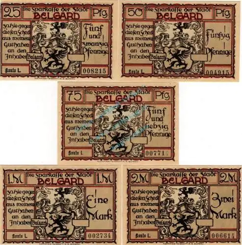 Belgard , Notgeld Set --5 x Konto L-- unc-kfr. M-G 69.3.a , Pommern o.D. Seriennotgeld