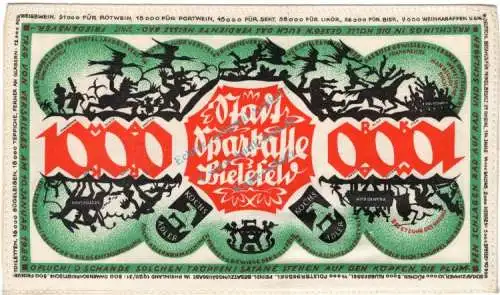 Bielefeld , Notgeld 1.000 Mark -Seide- unc-kfr. M-G 103.19.n , Westfalen 1922 Seriennotgeld