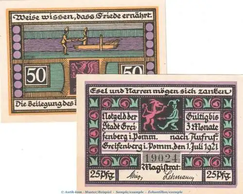 Notgeld Stadt Greifenberg 467.1 , Set mit 2 Scheinen in kfr. o.D. Pommern Seriennotgeld