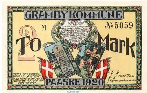 Notgeld Gramby , Einzelschein über 2 Mark , Mehl Grabowski 464.2 , von 1920 , dänisch Nordschleswig Serien Notgeld