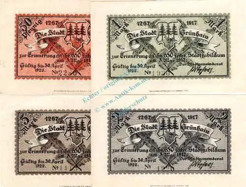 Grünhain , Notgeld Set mit 4 Scheinen unc-kfr. M-G 491.1 , Sachsen 1917 Seriennotgeld