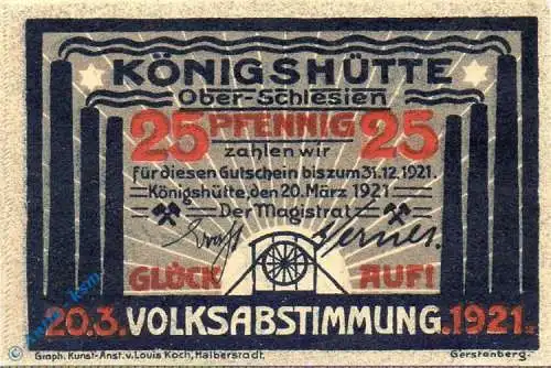 Notgeld Königshütte , 25 Pfennig Schein , Mehl Grabowski 726.1 a , von 1921 , Oberschlesien Seriennotgeld