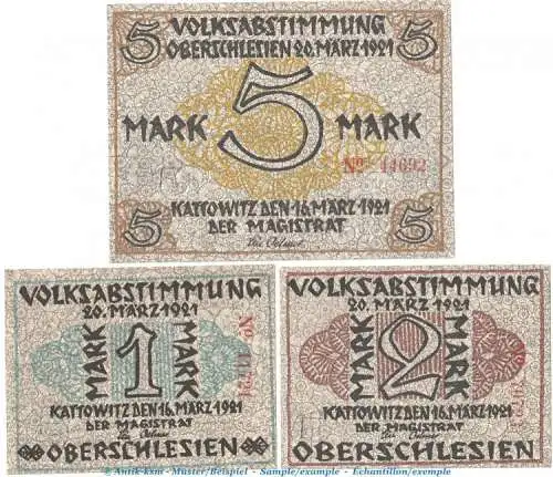 Notgeld Stadt Kattowitz 681.1 , Set mit 3 Scheinen in kfr. von 1921 , Schlesien Seriennotgeld