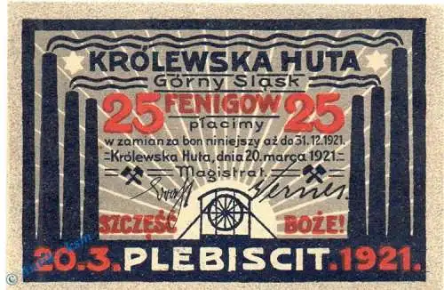 Notgeld Königshütte , 25 Pfennig Schein in kfr. Mehl Grabowski 726.1 c , von 1921 , Schlesien Seriennotgeld