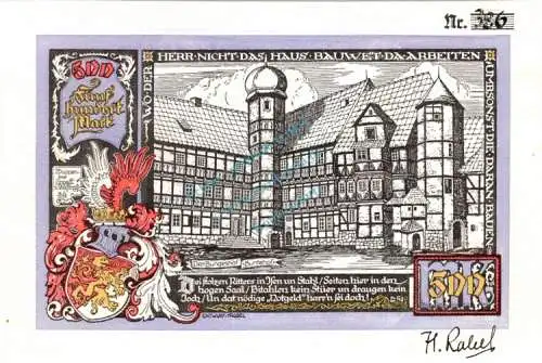 Osterwieck , Notgeld 500 Mark Baustein -Glacéleder- unc-kfr. Sachsen Anhalt 1993 Seriennotgeld