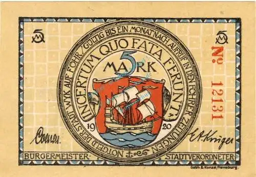 Wyk a. Föhr , Notgeld 5 Mark Schein unc-kfr. M-G 1462.2 , Schleswig Holstein 1920 Seriennotgeld