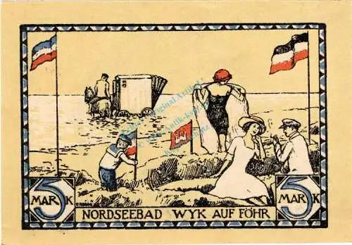 Wyk a. Föhr , Notgeld 5 Mark Schein unc-kfr. M-G 1462.2 , Schleswig Holstein 1920 Seriennotgeld