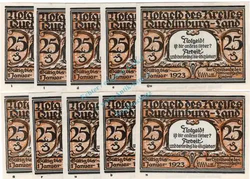 Quedlinburg , Notgeld Set -10 x 25 Pf. Alle Buchst.- unc-kfr. M-G 1089.1.b , Sachsen Anhalt o.D. Seriennotgeld