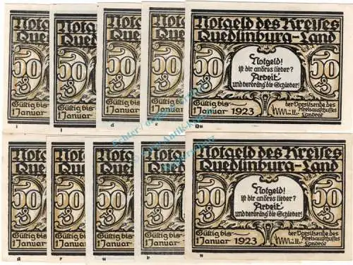 Quedlinburg , Notgeld Set -10 x 50 Pf. Alle Buchst.- unc-kfr. M-G 1089.1 , Sachsen Anhalt o.D. Seriennotgeld