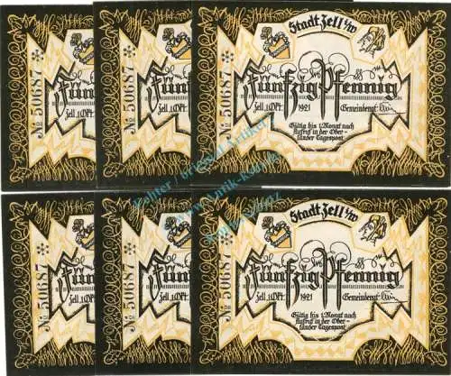 Zell , Notgeld Set --6 x Nummerngleich-- unc-kfr. M-G 1462.6 , Baden Württemberg 1921 Seriennotgeld