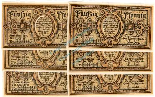 Schmalkalden , Notgeld Set --6 x KN fortlaufend-- unc-kfr. M-G 1184.1 , Thüringen 1921 Seriennotgeld