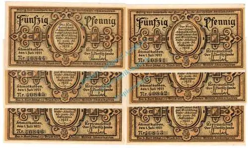 Schmalkalden , Notgeld Set --6 x KN fortlaufend-- unc-kfr. M-G 1184.3 , Thüringen 1921 Seriennotgeld