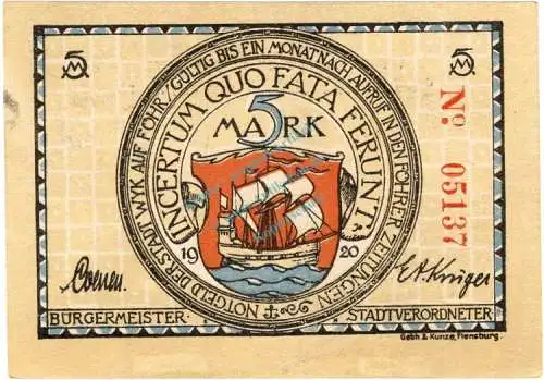 Wyk a. Föhr , Notgeld 5 Mark Schein unc-kfr. M-G 1462.4.b , Schleswig Holstein 1920 Seriennotgeld