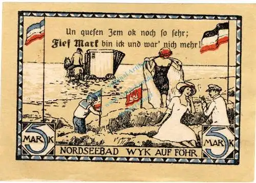 Wyk a. Föhr , Notgeld 5 Mark Schein unc-kfr. M-G 1462.4.b , Schleswig Holstein 1920 Seriennotgeld