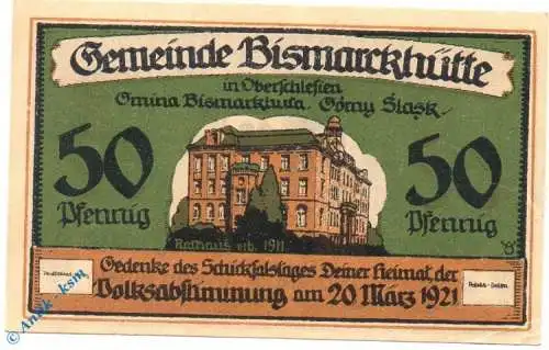 Notgeld Bismarckhütte , 50 Pfennig Schein , Mehl Grabowski 108.1 , Oberschlesien Seriennotgeld