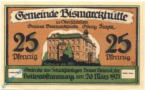 Notgeld Bismarckhütte , 25 Pfennig Schein , Mehl Grabowski 108.1 ,  Oberschlesien Seriennotgeld