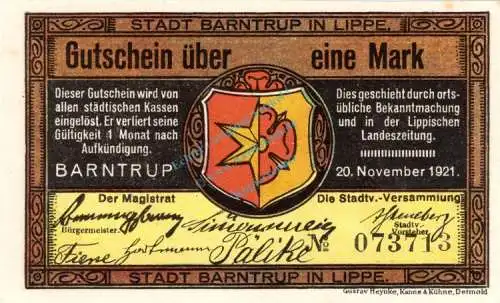 Barntrup , Notgeld 1 Mark Schein -übersdruß- unc-kfr. M-G 66.1.F , Westfalen 1921 Seriennotgeld