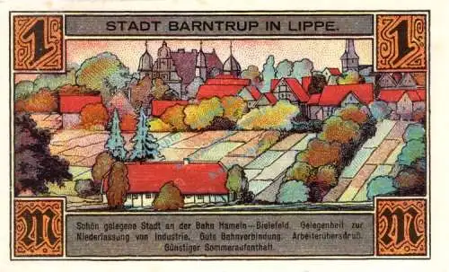 Barntrup , Notgeld 1 Mark Schein -übersdruß- unc-kfr. M-G 66.1.F , Westfalen 1921 Seriennotgeld