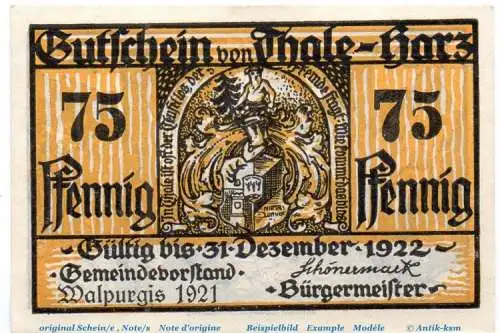 Notgeld Stadt Thale 1320.4.b , 75 Pfennig , zweite 7 fett , von 1921 , Sachsen Anhalt Seriennotgeld